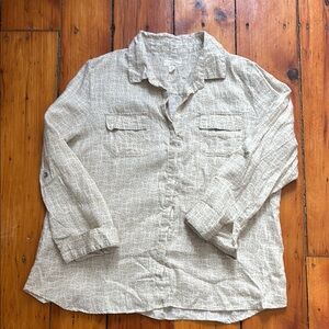 Linen Beige Patterned Button-Up Shirt. Oversized, spring, neutral, preppy